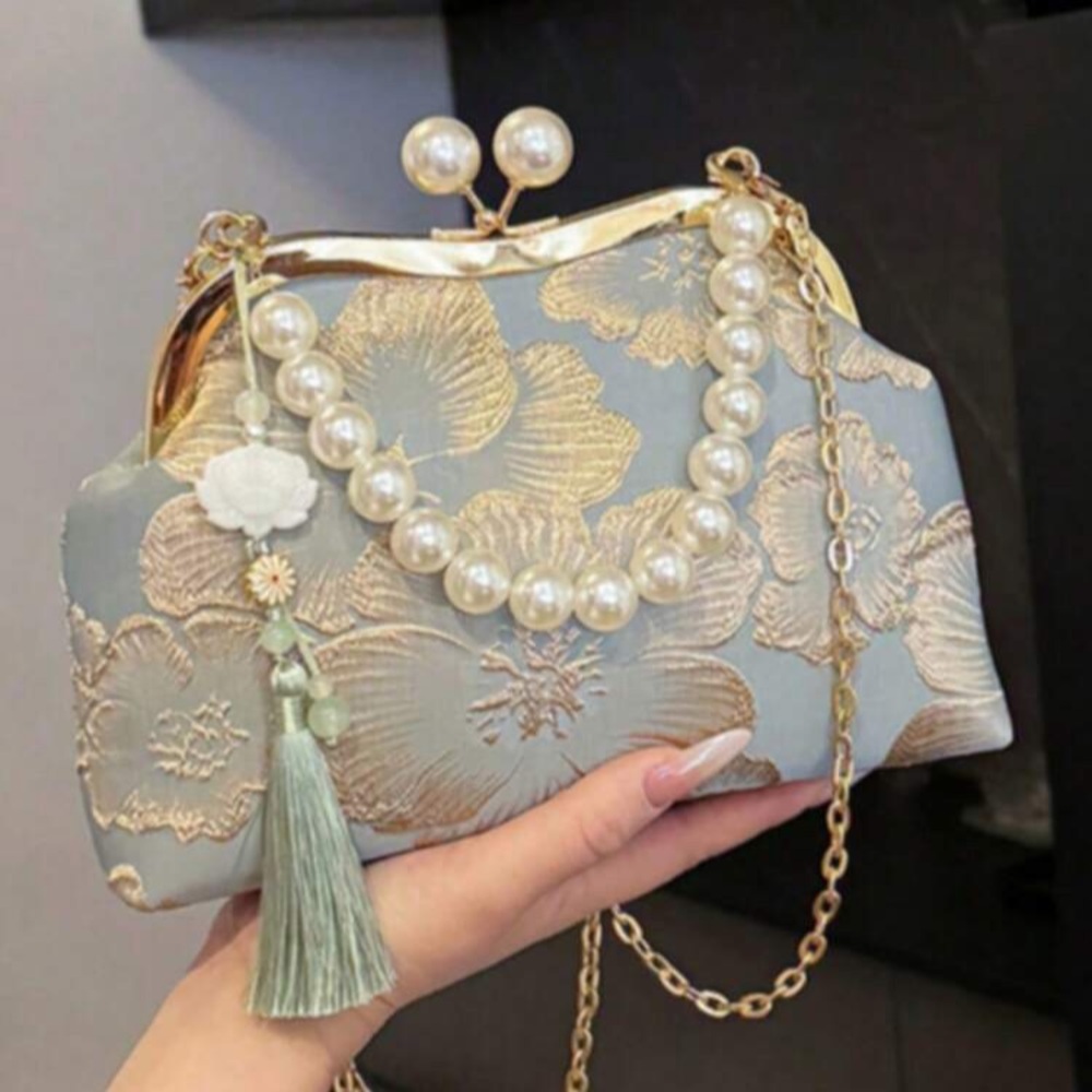 Pearl-Handle Mint Floral Evening Clutch - Unbranded